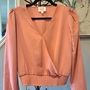 Olive & Oak V-Neck Puff Sleeve Blush Pink/Coral Wrap Blouse Size Small